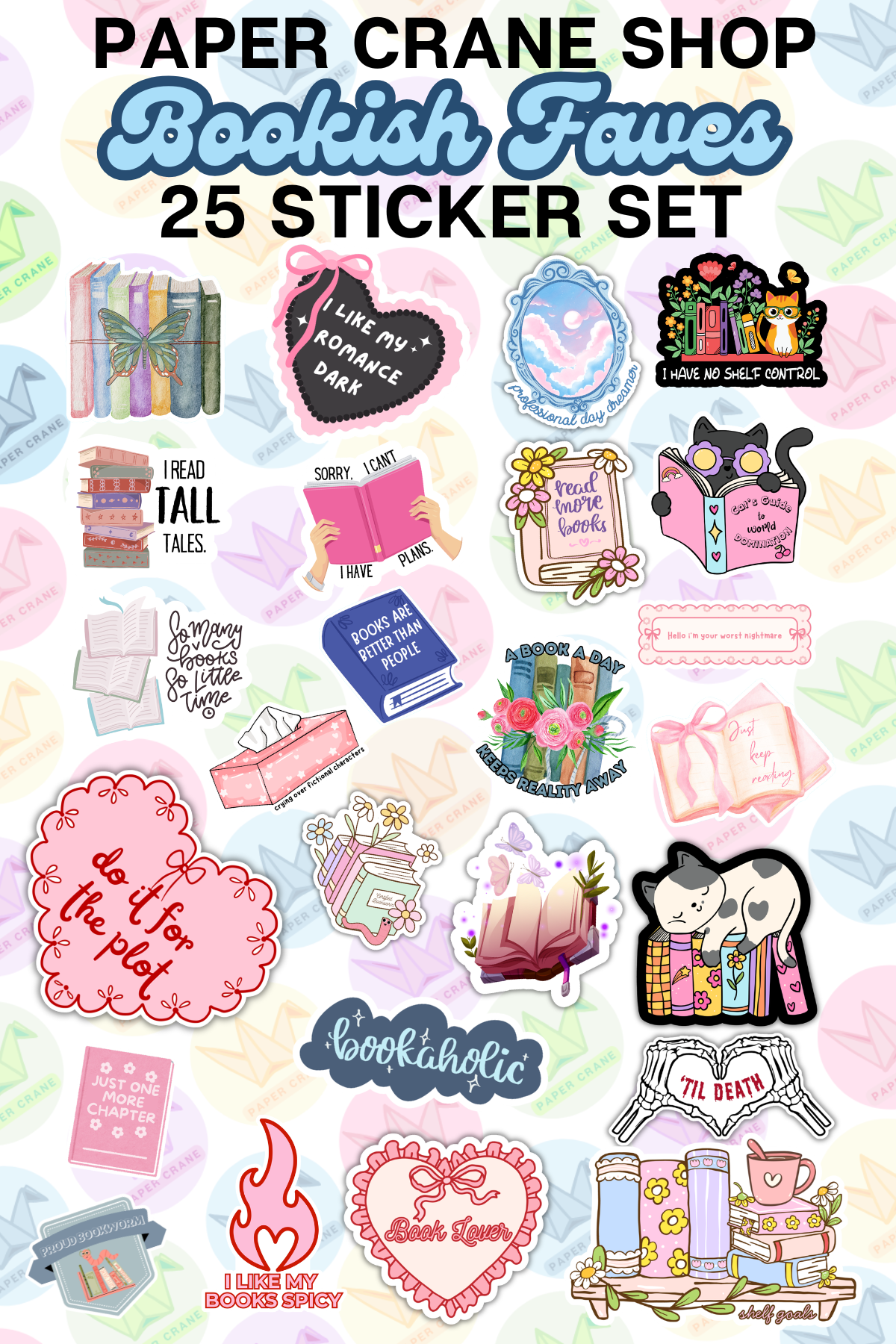 Collection of book-themed stickers with colorful designs on a light background