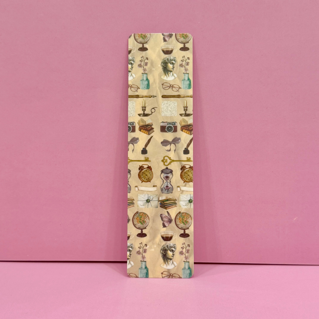 Rectangular box with vintage-style illustrations on a pink background