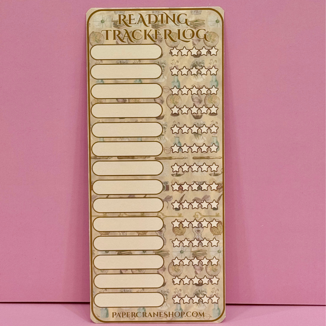 Reading tracker log with star and line designs on a pink background
