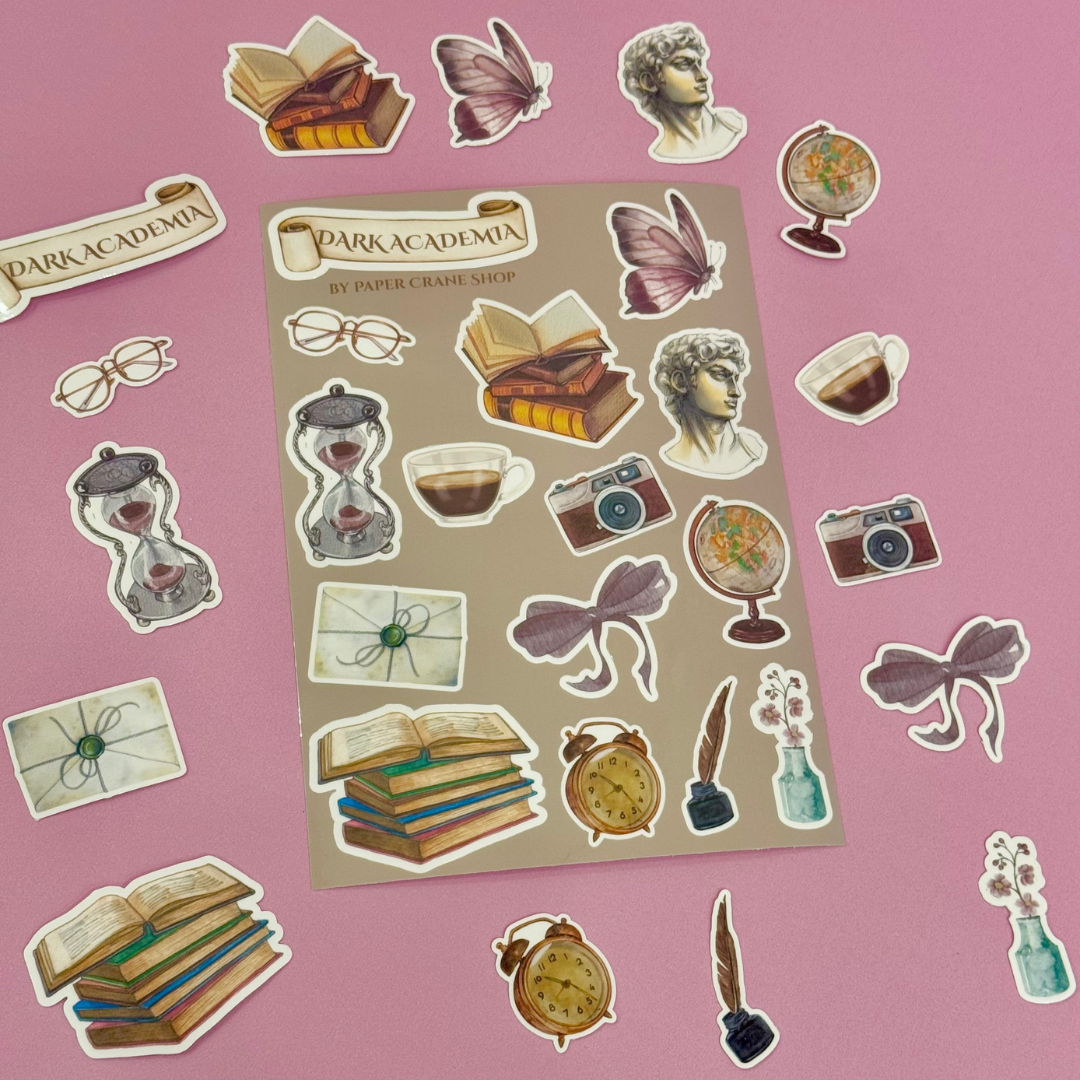 Sticker sheet with 'Dark Academia' theme on a pink background