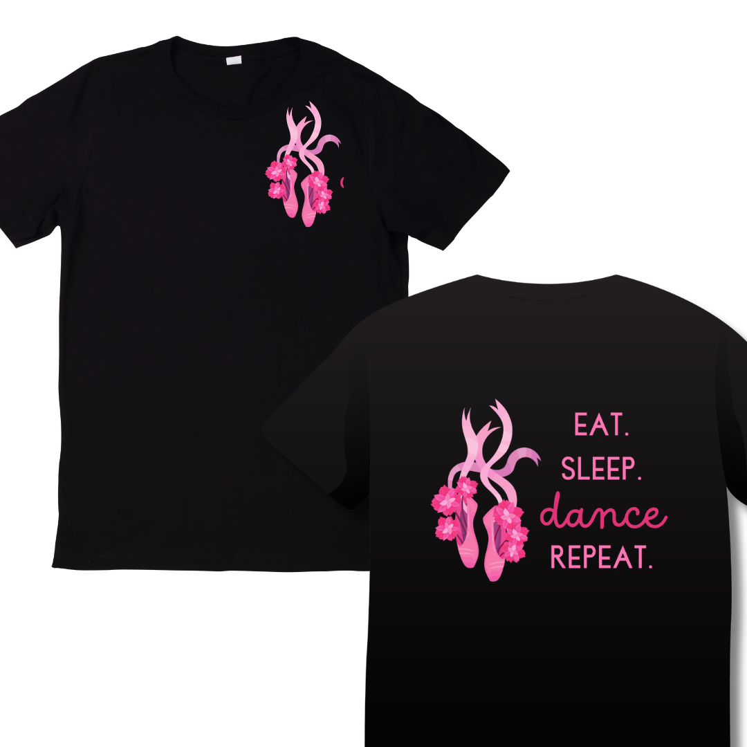 Black t-shirt with pink graphics and text on a white background