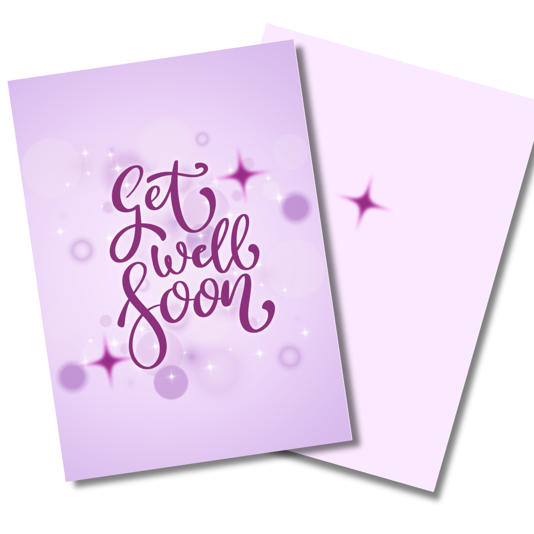 Purple card with 'Get Well Soon' text on a matching background