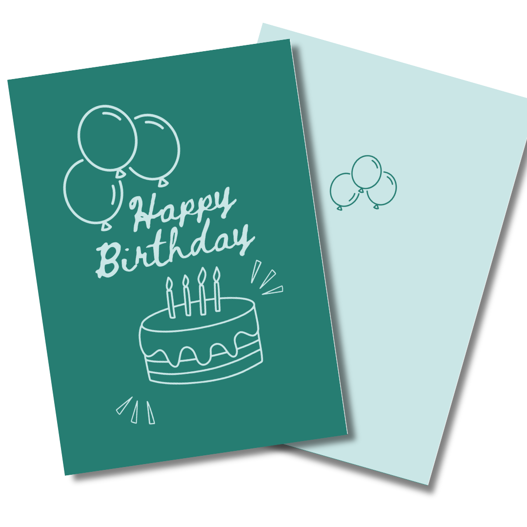 Two birthday cards, one teal with a cake and balloons illustration, the other light blue with balloons.