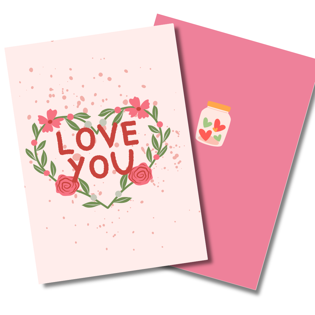 Greeting card with 'Love You' text and floral design on pink background