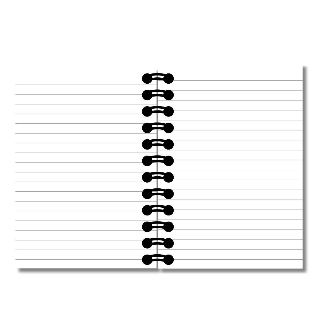 Notebook with black spiral binding on a white background