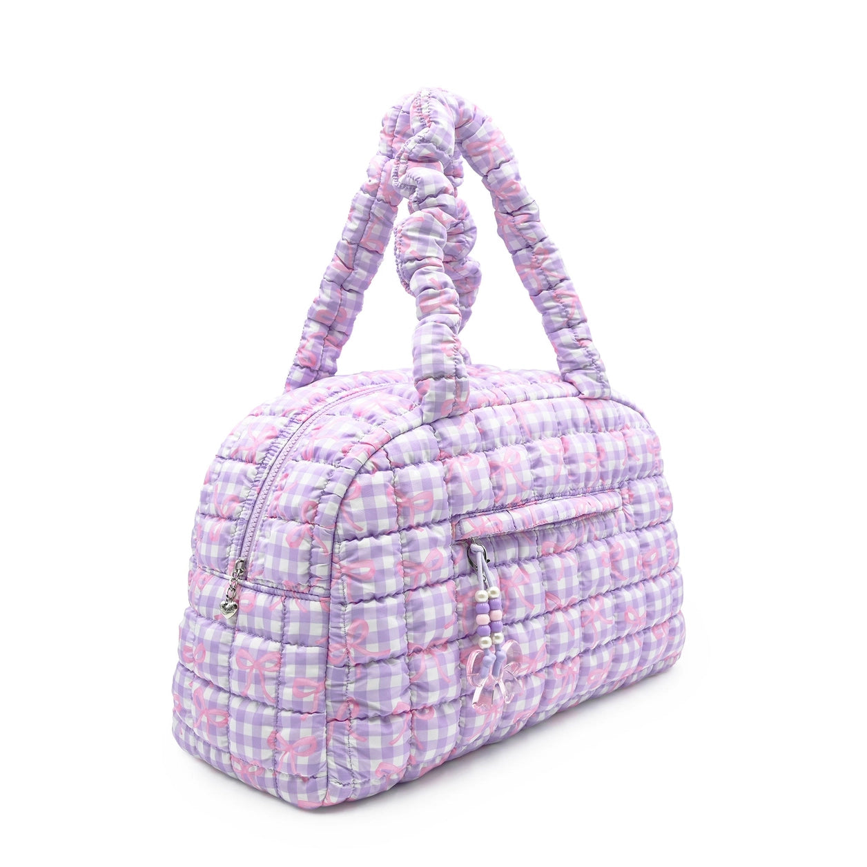 medium quilted duffle bag with stripe and bow pattern design