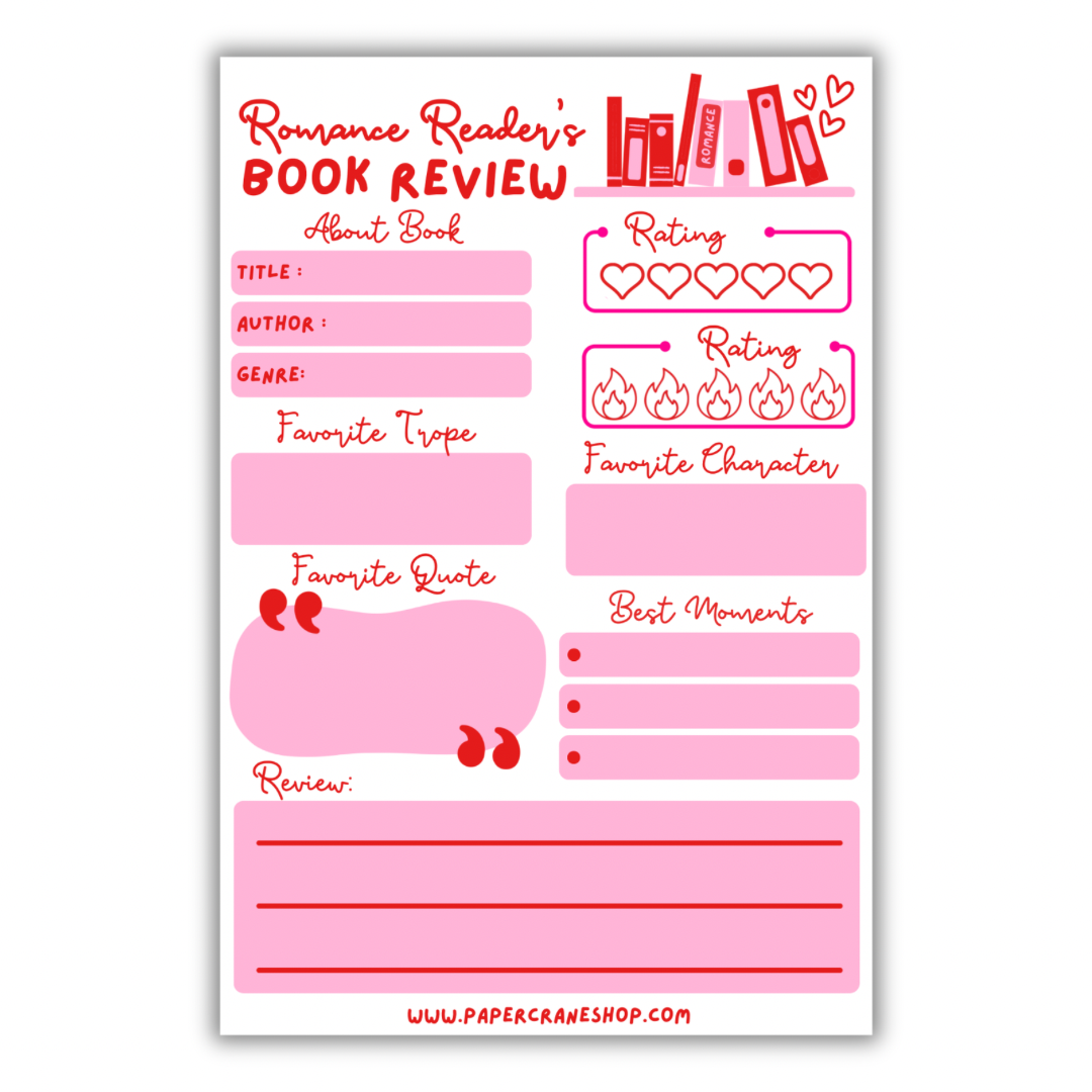 Sheet of romance reader's book review forms with pink and red text on a white background.