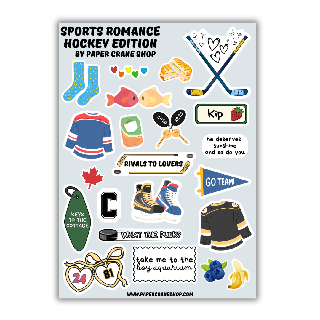 Sheet of hockey-themed stickers with various graphics and text on a white background.