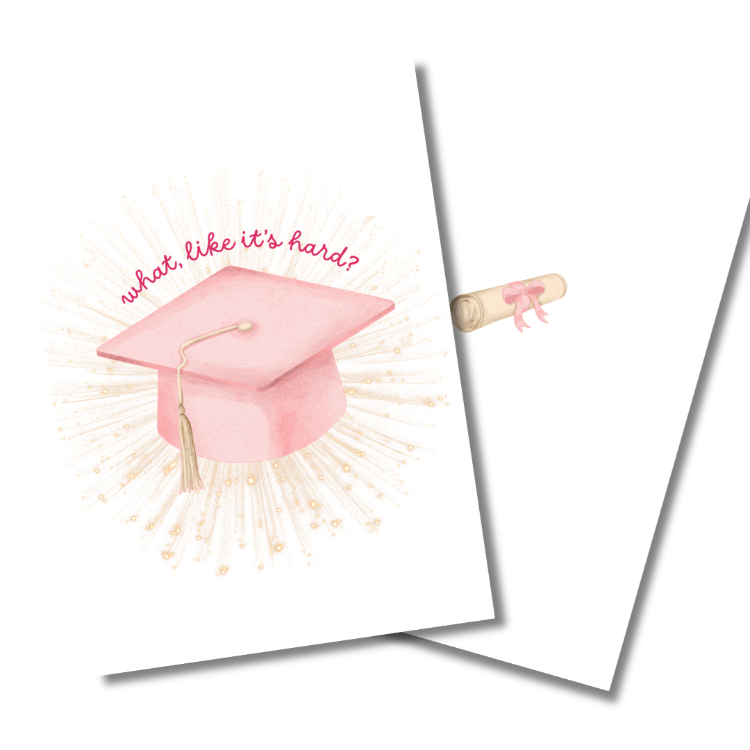 Graduation-themed card with pink cap and diploma on a white background