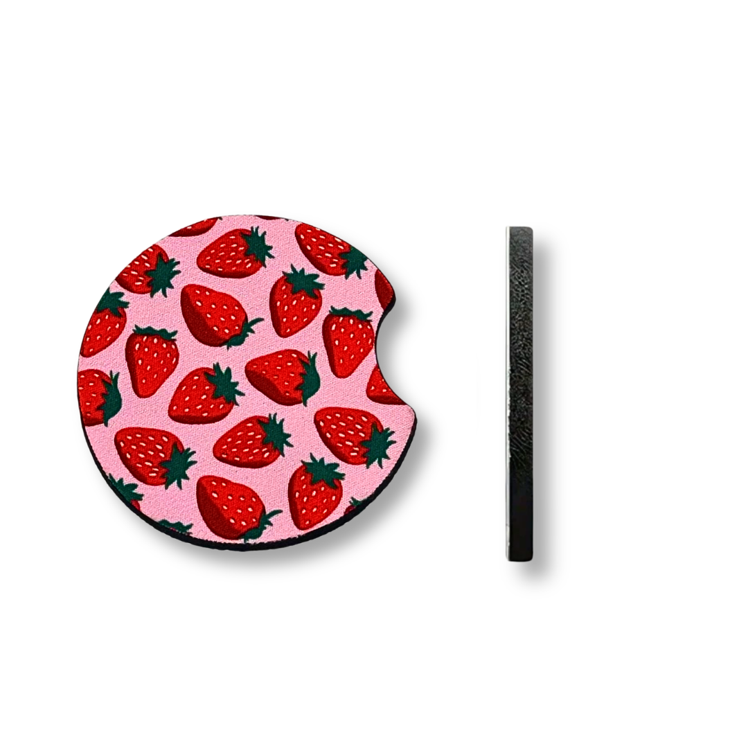 car coasters with pink strawberry pattern