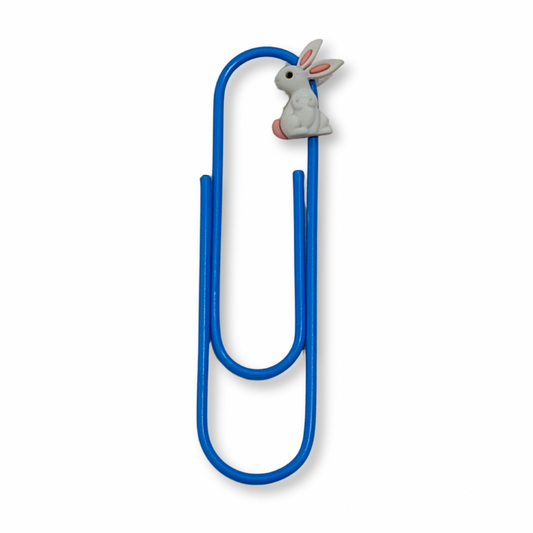 Blue paper clip bookmark with a bunny charm