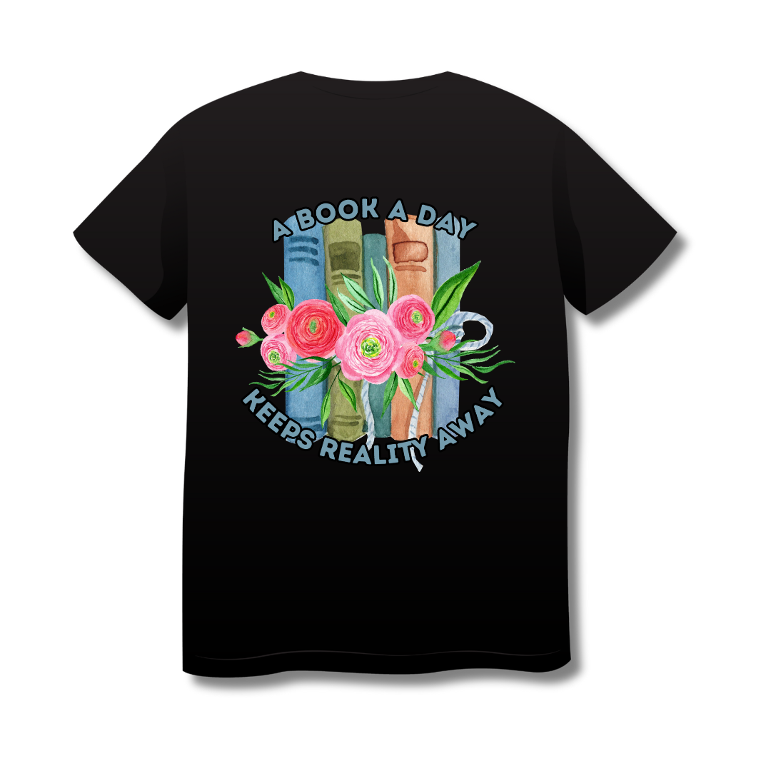 Black t-shirt with a colorful graphic and text on the back, displayed against a white background.