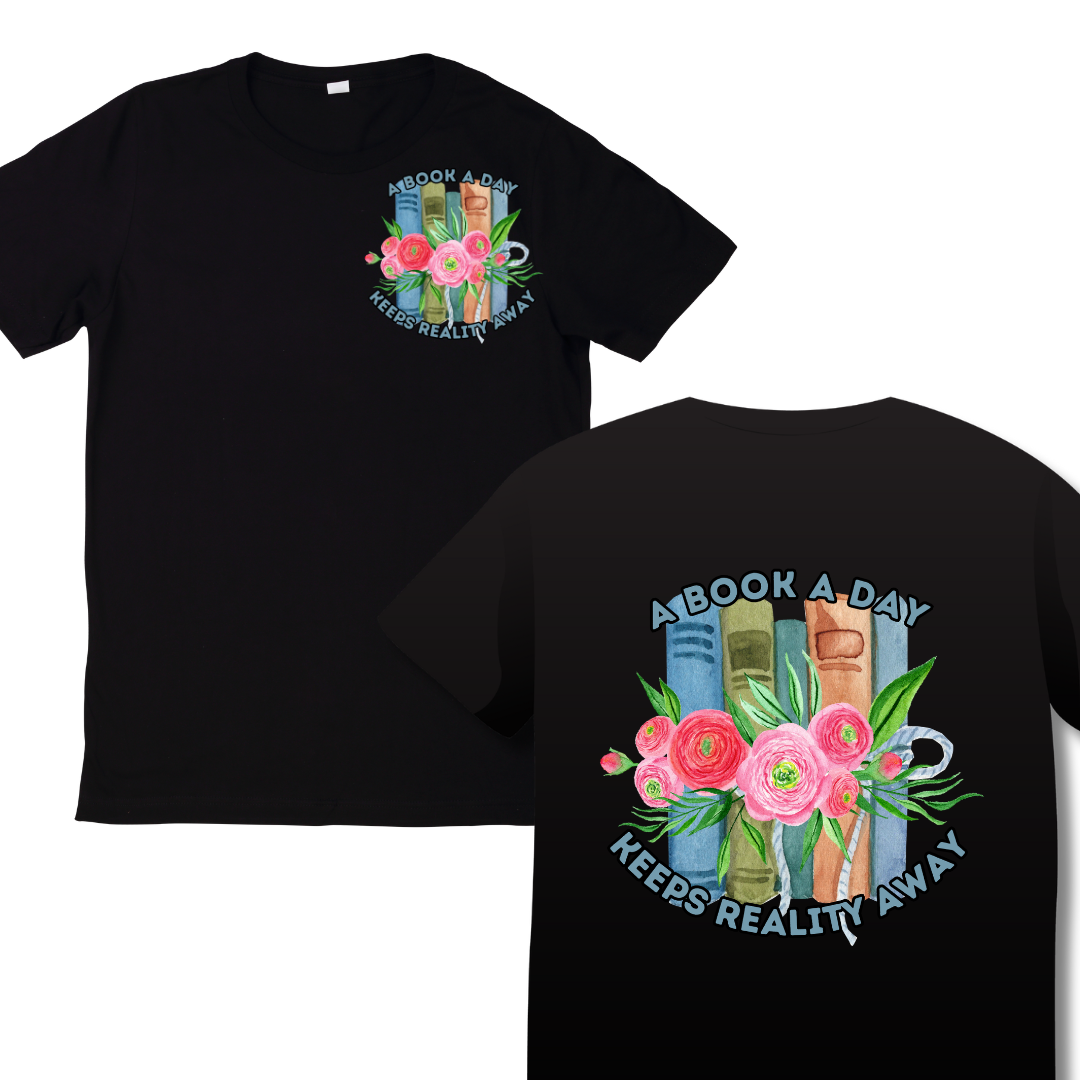 Black t-shirt with floral book design and text on front and back