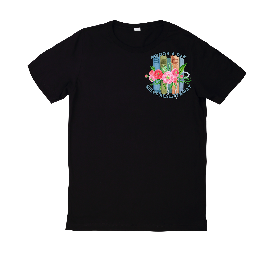 Black t-shirt with colorful graphic design on a white background