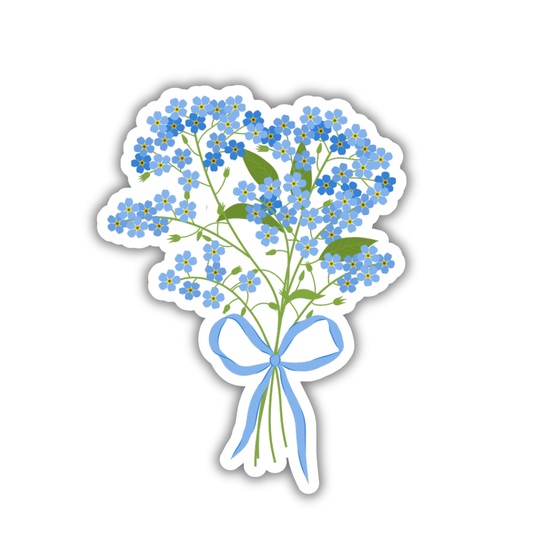 Bouquet of blue flowers with a white border on a white background