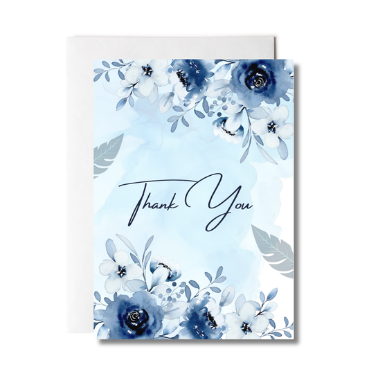 Greeting card with blue floral design and 'Thank You' text on a white background