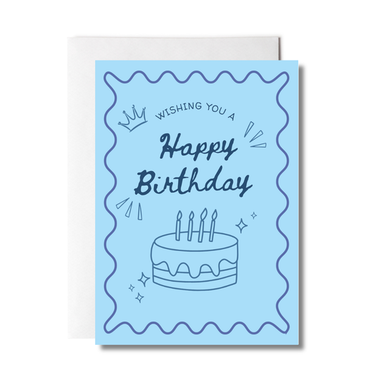 Blue birthday card with a cake illustration and text on a white background