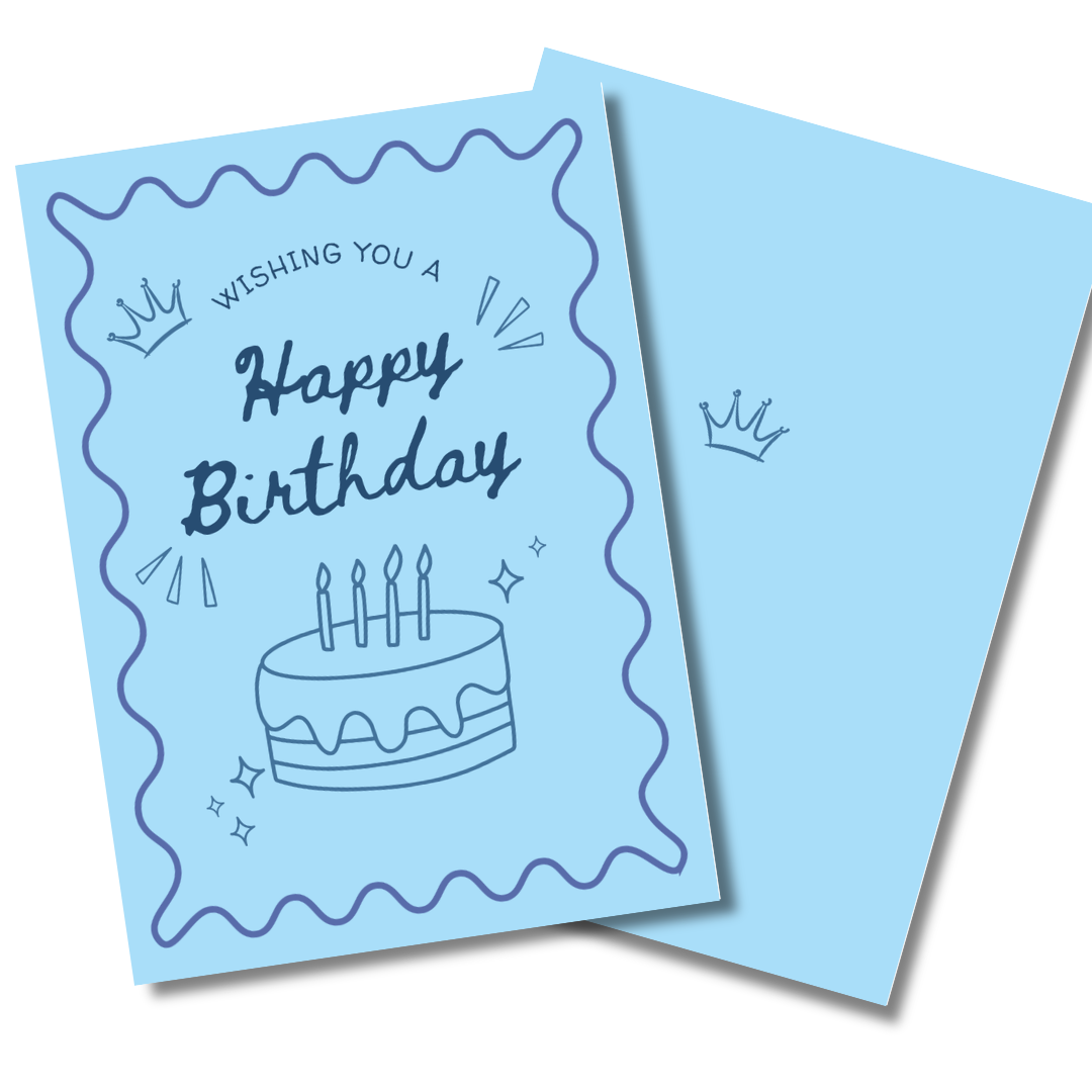 Light blue birthday card with a cake illustration and 'Happy Birthday' text.