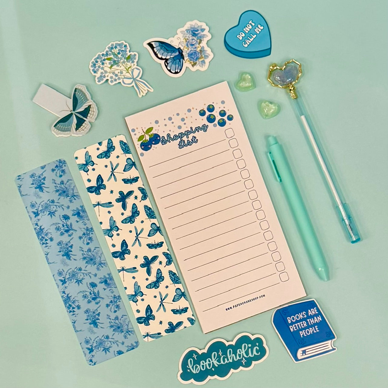 Blueberry Magnetic Shopping List on a light blue background