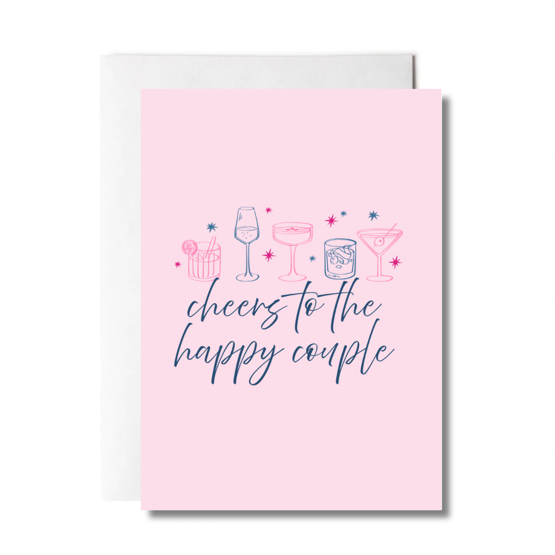 Pink card with 'cheers to the happy couple' text and drink icons on a white background