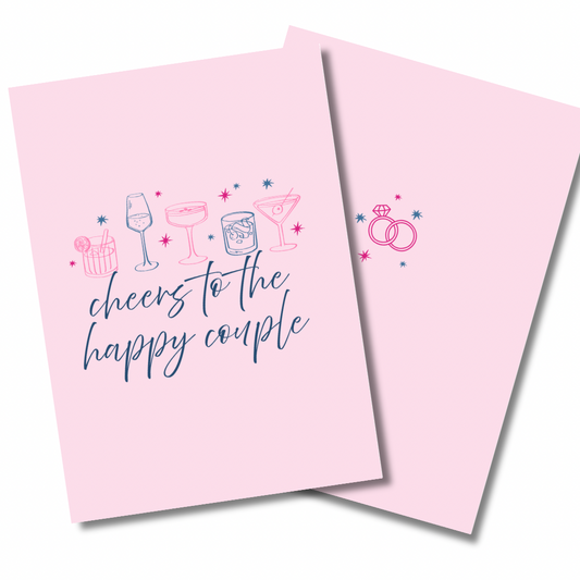 Pink card with 'cheers to the happy couple' text and drink illustrations on a white background