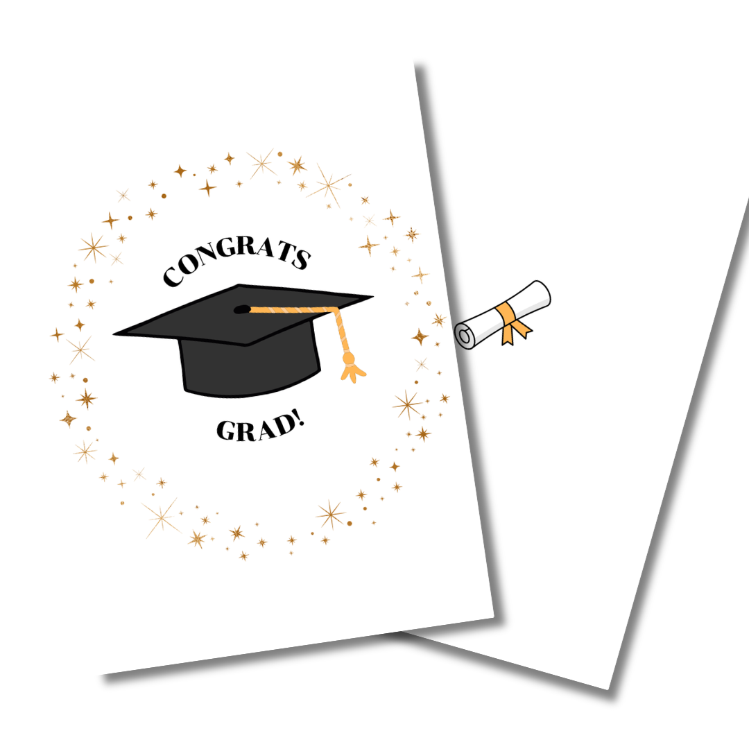 Graduation-themed greeting card with mortarboard and diploma on a white background