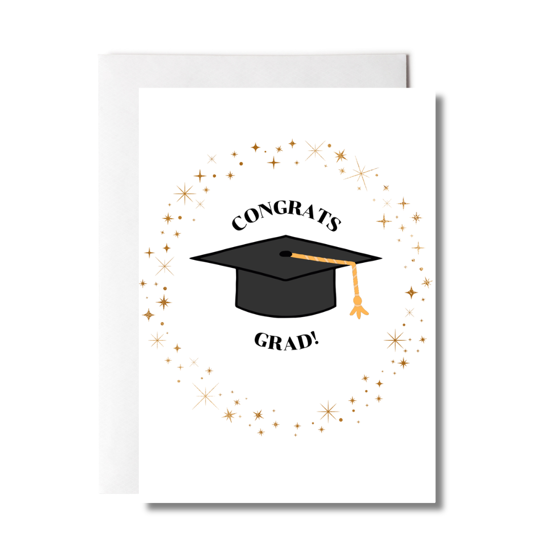 Graduation-themed greeting card with a black mortarboard and 'Congrats Grad!' text on a white background.
