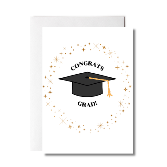 Graduation-themed greeting card with a black mortarboard and 'Congrats Grad!' text on a white background.