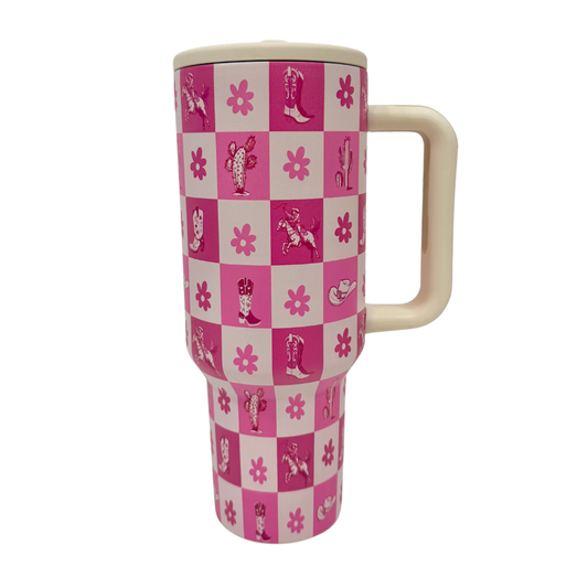 Pink and white checkered mug with cowboy-themed illustrations on a white background