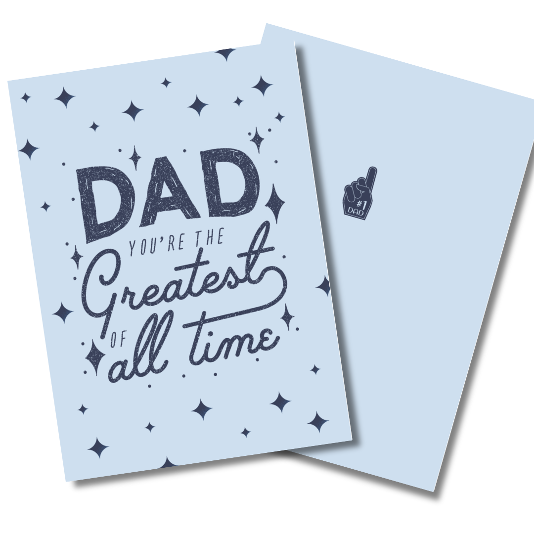 Greeting card with 'Dad, you're the greatest of all time' text on a light blue background