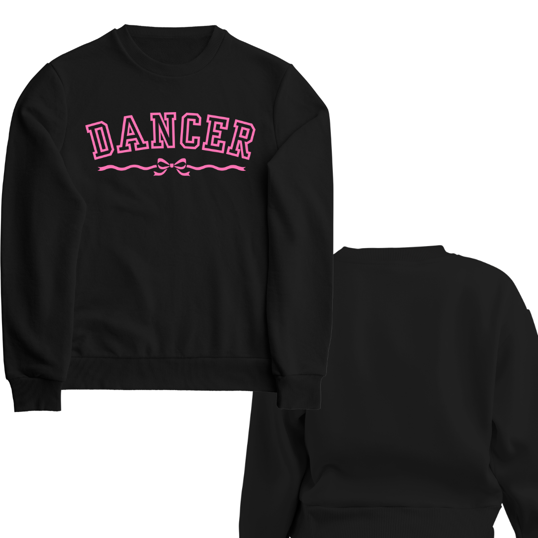 Black sweatshirt with 'DANCER' in pink text on a white background