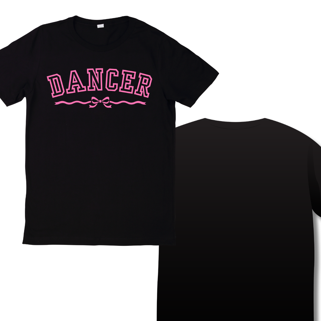 Black t-shirt with the word dancer on it in pink collegiate font with a bow
