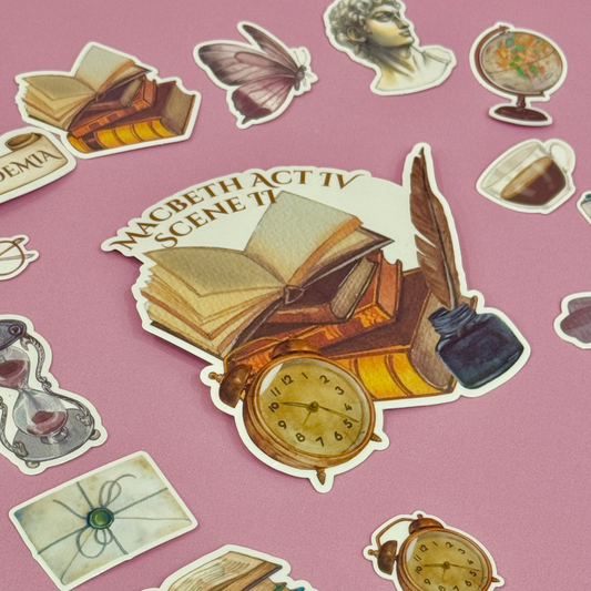 Sticker set with literary-themed designs on a pink background