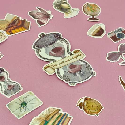 Collection of vintage-style stickers on a pink background