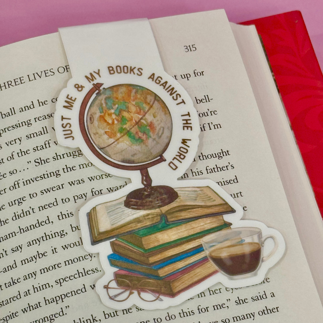 Sticker with a globe, books, and coffee cup on an open book with text.