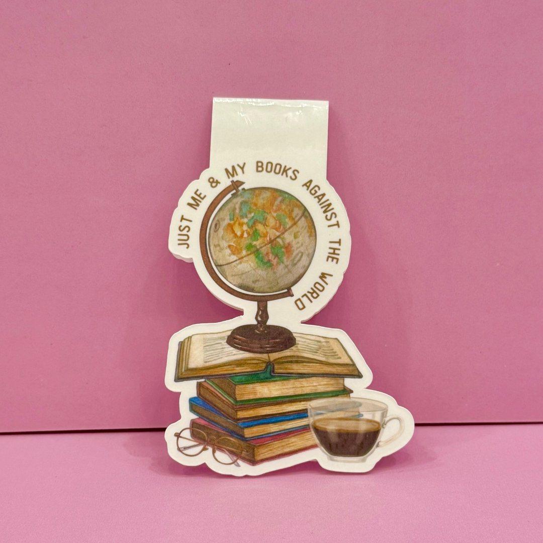 Decorative bookmark with books, globe, and coffee cup on a pink background