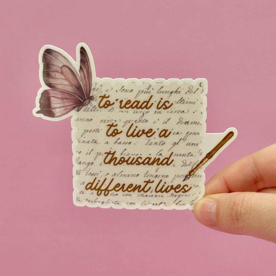 Sticker with butterfly and text on pink background