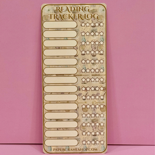 Reading tracker log with star and line designs on a pink background