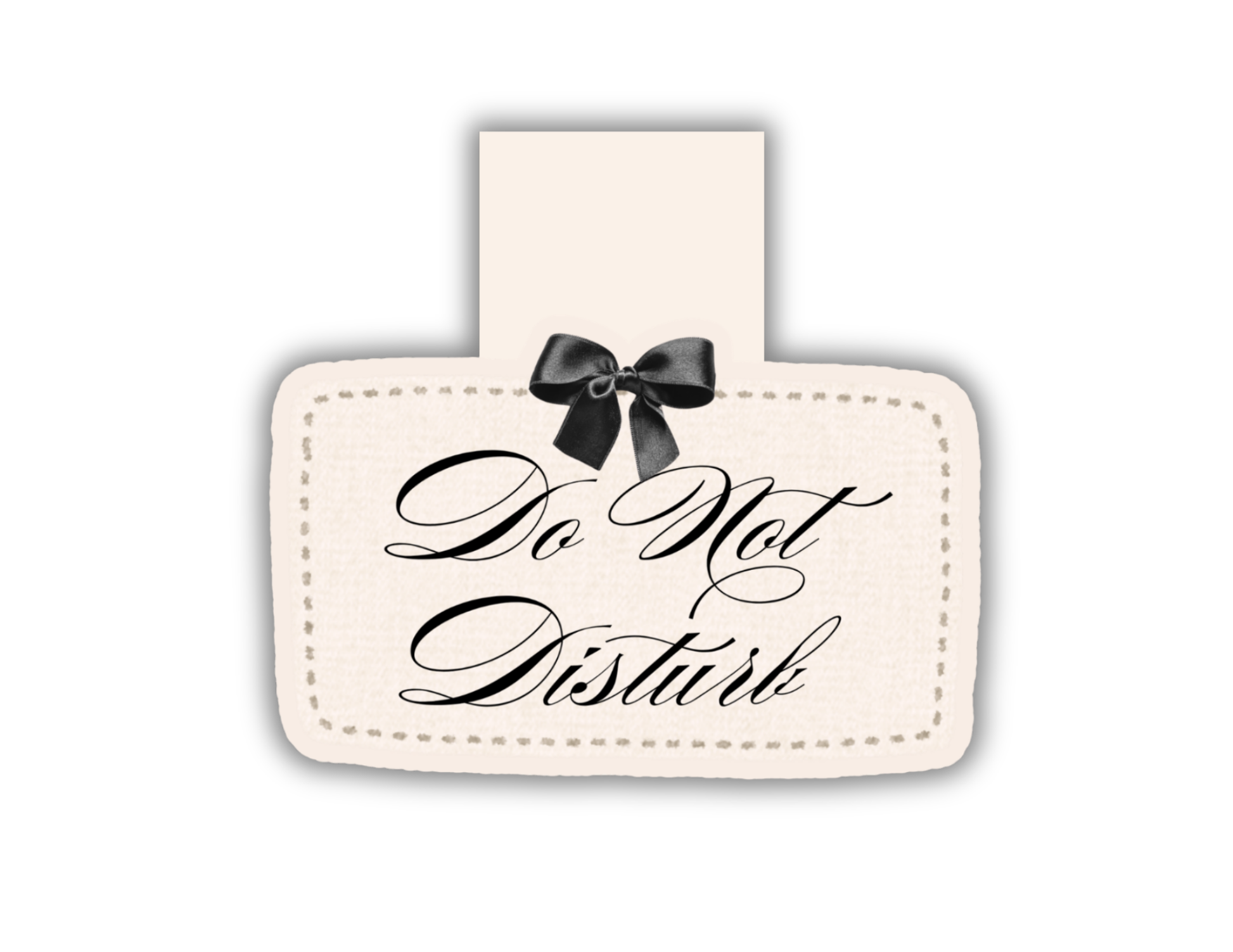 A rectangular cream-colored magnetic bookmark with a stitched border, black cursive text reading 'Do Not Disturb,' and a black bow at the top, shown on a plain white background.