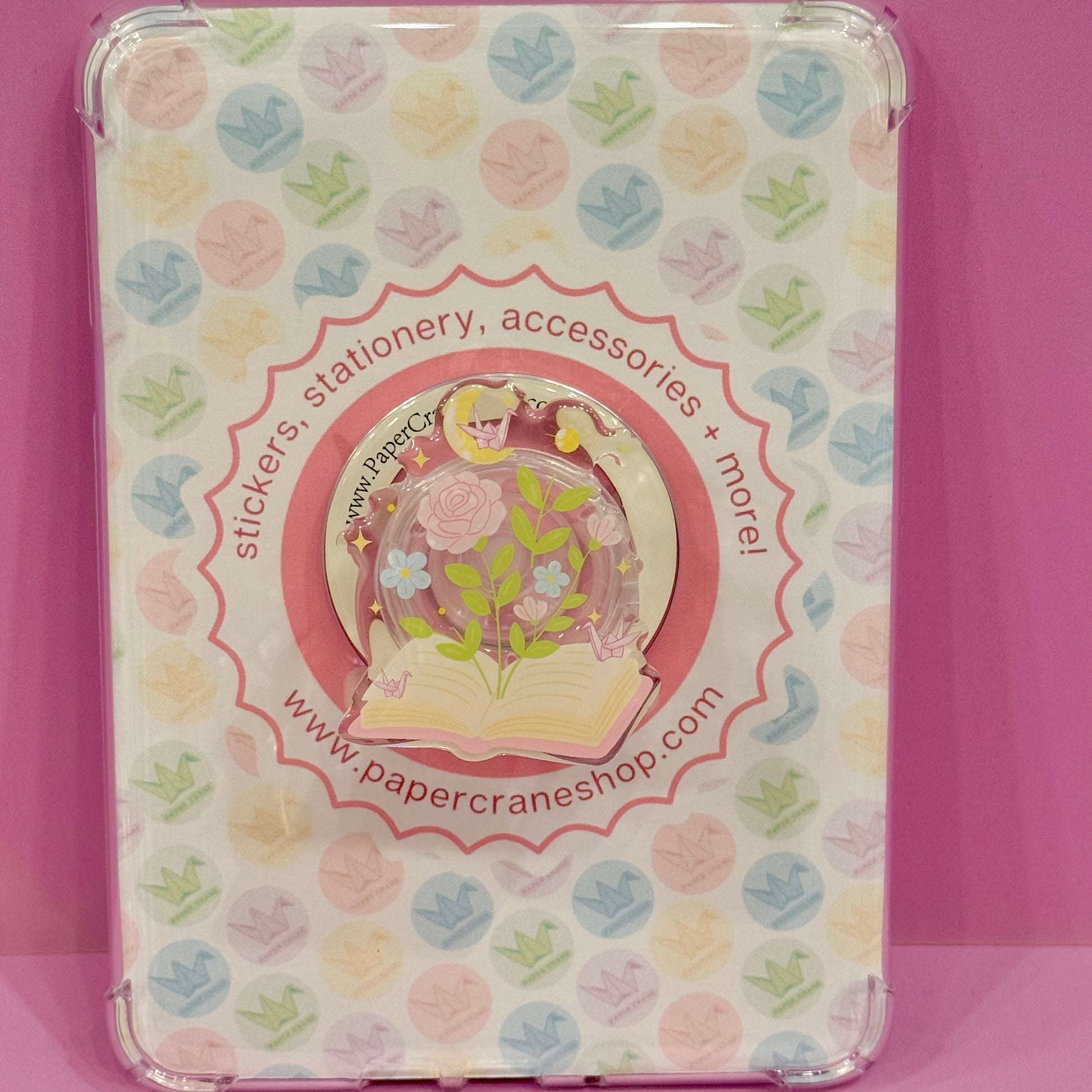 magsafe phone grip with books and flowers and pastel aesthetic