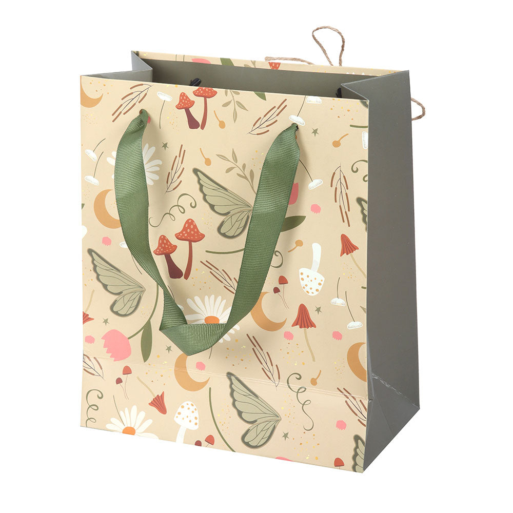 Gift bag with nature-themed design and green ribbon handle on a white background