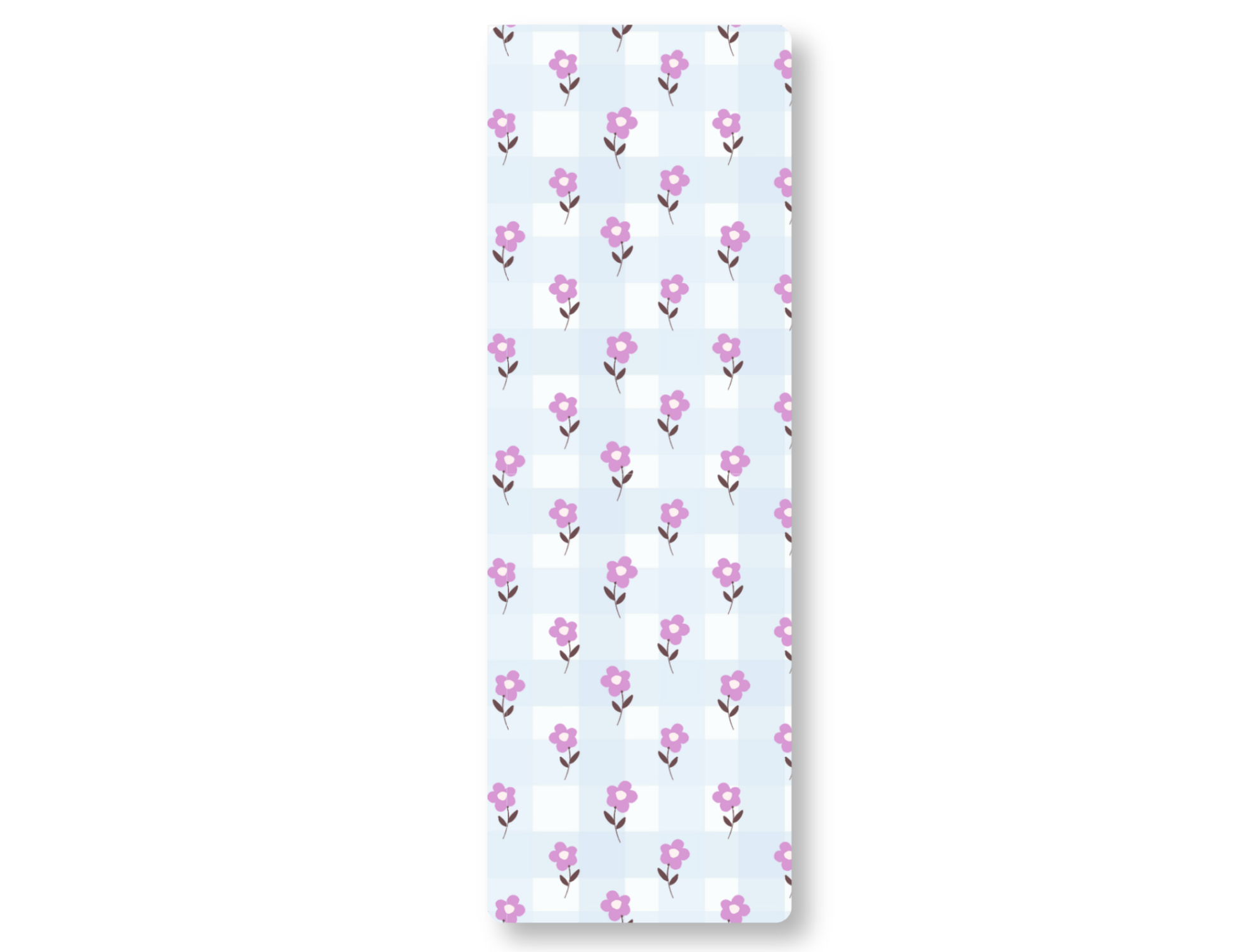 Bookmark with purple floral pattern on a blue gingham background, on a white background