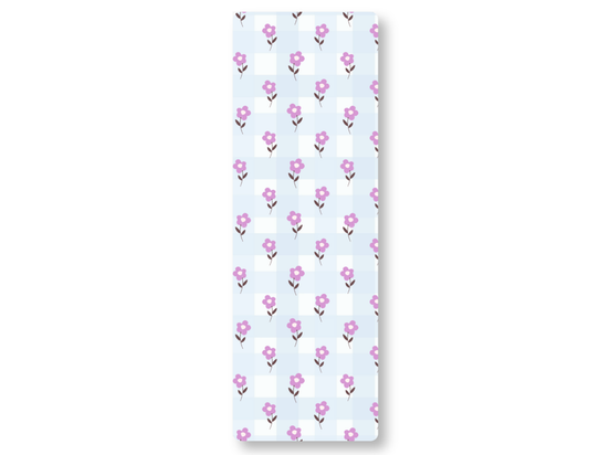 Bookmark with purple floral pattern on a blue gingham background, on a white background