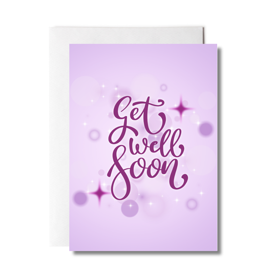 Greeting card with 'Get well soon' text on a purple background