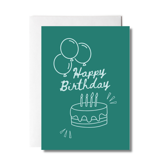Green birthday card with white illustrations of balloons, cake, and candles on a white background