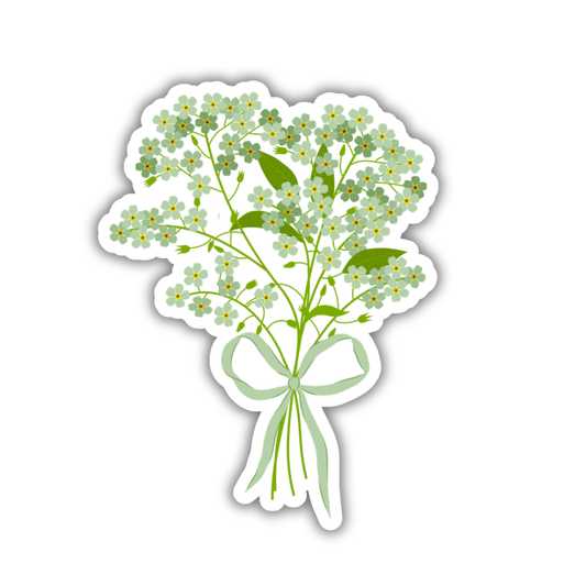 Sticker of a bouquet of flowers with a green bow on a white background