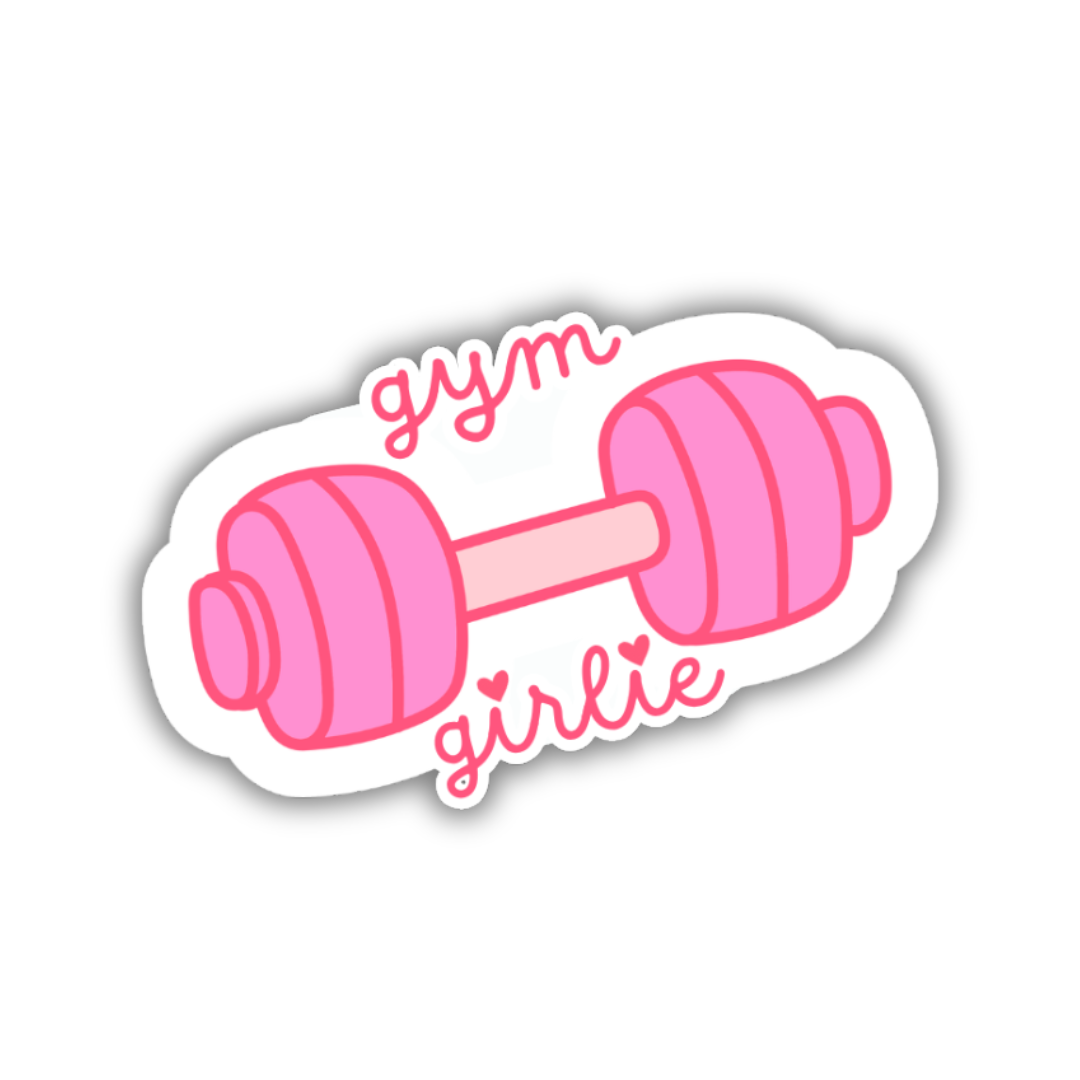 Pink dumbbell sticker with 'gym girlie' text on a white background