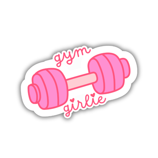 Pink dumbbell sticker with 'gym girlie' text on a white background
