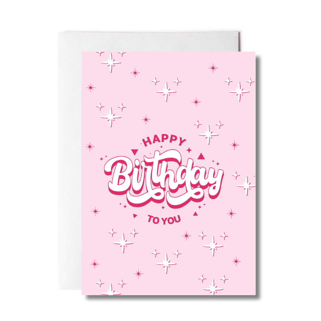 Pink birthday card with 'Happy Birthday to You' text and star patterns on a white background