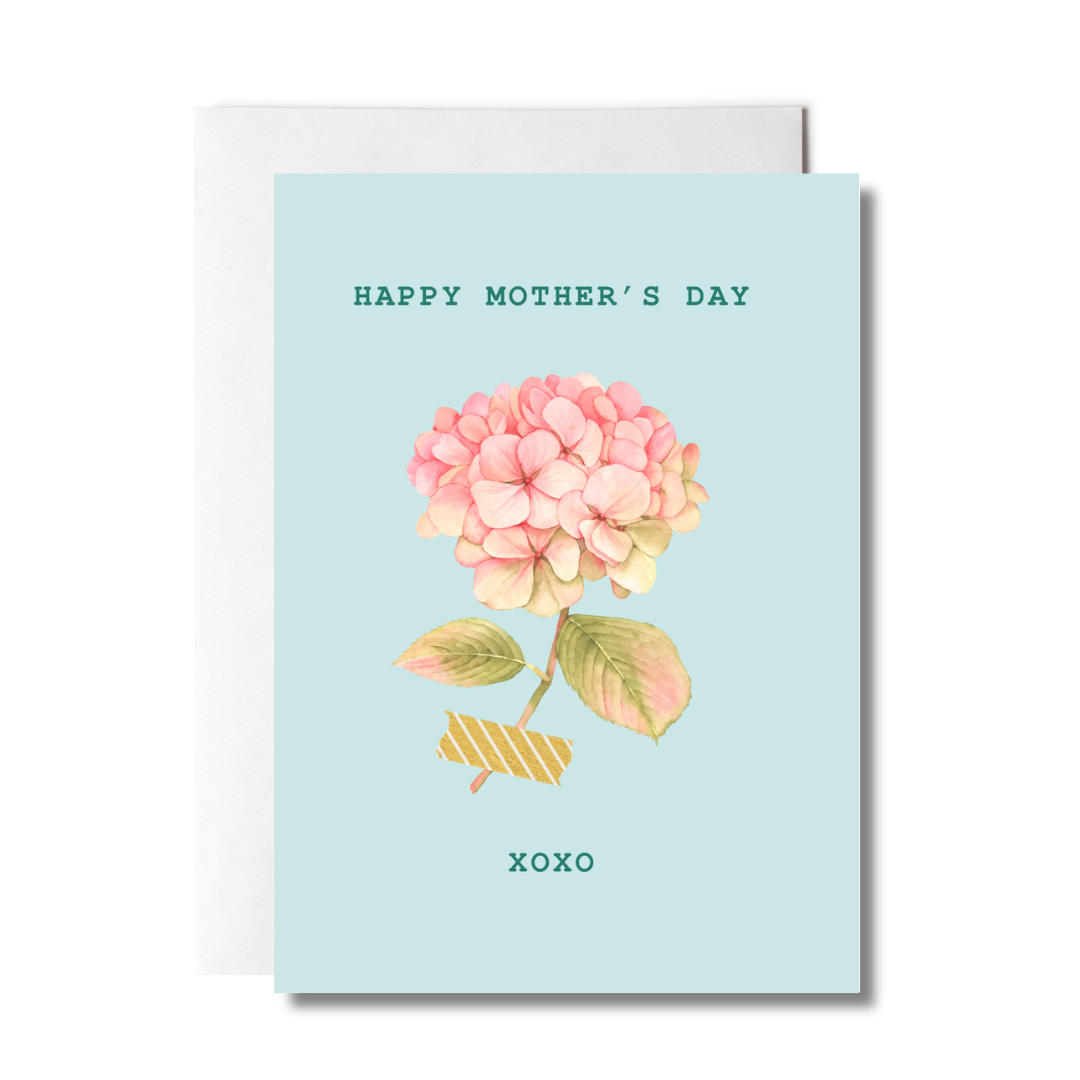 Teal Greeting Card with the words, "Happy Mother's Day" and a pink and green hydrangea